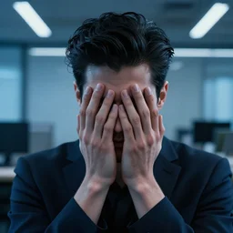 an insanely detailed portrait of a man covering his face with his hands, stylish black hair, depressing corporate office background, blue shade in the style of peter mohrbacher, artgerm, dramatic lighting and composition, octane render, trending on artstation, concept art