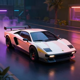 an Cyberpunk 70s sports car, electric vehicle concept designed by Lamborghini, rendered by Beeple, synthwave style, concept art, digital art, unreal engine, trending on artstation, 4K UHD image, octane render,