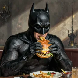 Batman eating hamburger by Mandy Jurgens