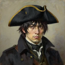 oil painting in the style of rembrandt of hideo kojima wearing a tricorn hat