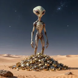 a giant alien standing in a desert, first there must be death, by antoine wiertz and noah bradley, ascension, pile of crowns, interstellar civilisation, until the time is right for it to take its place among the pale stars, visually stunning, cinematic, highly detailed, blender 3 d, trending on cgsociety, 3 d render, rendered in octane