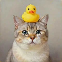 a cat is wearing a rubber duck on its head, oil on canvas,