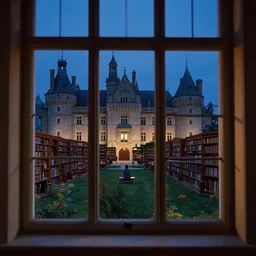 figure looking through a wide window, castle library, nightfall, lonely, photorealistic by michael komarck, greg rutkowski, victo ngai, artgerm, willem claesz heda