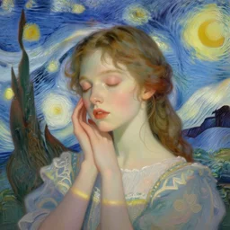 portrait of a beautiful girl, eyes closed, dreaming, intimate, pastel colors, beautiful face, rule of thirds, intricate outfit, spotlight, by greg rutkowski, by jeremy mann, by francoise nielly, by van gogh, digital painting