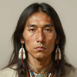 semi-realistic portrait of an native american man, face, thin, fantasy, intricate, elegant, digital painting, artstation, concept art, smooth, sharp focus, illustration, art by artgerm and greg rutkowski and alphonse mucha