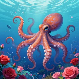 a digital painting of an octopus!!!!!! floating in a bright colorful space ocean surrounded by roses!!!!!!, visual novel, sharp focus, retro futuristic, 8 k, highly detailed, lovecraftian by skottie young