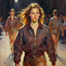 portrait in daring femininity, determined face, flight suit, warm glow, runway bathed in light, speed, captured memory, angular impressionism, radiosity, terrazzo, pj crook, michael garmash, livia prima, nick alm, casey baugh, deep color, oil on canvas