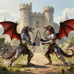 two dragons in a castle fighting knights in the middle ages n - 9