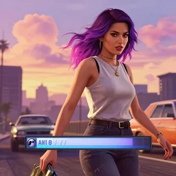 a stunning GTA V loading screen with a beautiful woman with ombre hairstyle in purple and pink blowing in the wind, in the city at sunset, outrun, vaporware, retro, cumulus couds, digital art, trending on artstation