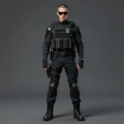 detailed character full body portrait of a skinny buzzcut masculine androgynous handsome federal government agent sunglasses tactical bulletproof kevlar artgerm greg rutkowski mucha