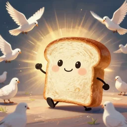 cartoon character who is a slice of bread, being chased by pigeons