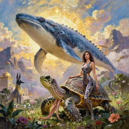 fantasy portrait, great leviathan, cybernetic turtle cephalopod terrapin reptilian pachyderm squid, bella hadid, hybrid, milla jovovich, anubis epic islamic city, natural light, lush plants flowers, spectacular mountains, bright clouds, luminous sky, outer worlds, golden hour, michael cheval, edward hopper, michael whelan, oil painting, hd