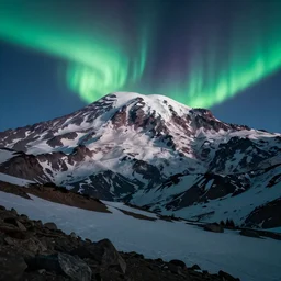 photorealistic mt rainier with beautiful aurora overhead long exposure ray tracing