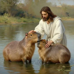 real painting of jesus petting a capybara at the river, old painting ultra realistic image