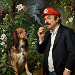 Mario Draghi smoking weed with Snoop Dogg in a beautiful garden full of flowers and weed plants, renaissance painting style