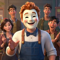 a cinematic still of the happy mask salesman, ginger, art by lois van baarle and loish and ross tran and rossdraws and sam yang and samdoesarts and artgerm and saruei and disney, digital art, highly detailed, intricate, sharp focus, trending on artstation hq, deviantart, unreal engine 5, 4 k uhd image