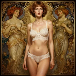 wide angle full body portrait of I Dream of Jeannie, with a perfect face and perfect body, thin waist, lace, exposed navel, intricate, highly detailed, digital painting, artstation, concept art, smooth, sharp focus, illustration, Unreal Engine 5, 8K, art by artgerm and greg rutkowski and alphonse mucha