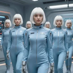 troop of cloned women with white bob hairdos, tight light blue space cadet suits, futuristic cloning facility, sci - fi, highly detailed, cinematic
