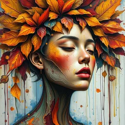 intricate detailed color smashing fluid oil paint and acrylic paint, autumn leaf headdress, melting wax, mycelia, abstract impressionism, surrealism, ruan jia, fantasy, hyper detailed, concept art, by gustav klimt and cy twombly and irakli nadar