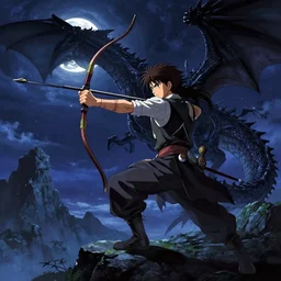 archer. dragon. night sky. moon. mountain. dark fantasy. epic fight. detailed. digital art. artstation. by kentaro miura