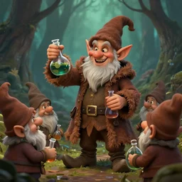 evil alchemist gnome, brown tuffle coat, evil smile, flasks in hands, giving flasks to other gnomes, dnd, forest background, matte painting, midjourney