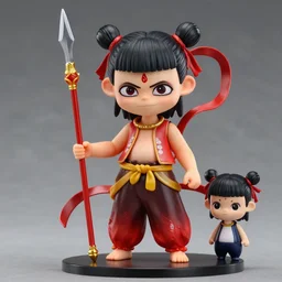 arty chinese mythology ne zha nendoroid full body hyperdetalied, hero action pose, osamu tezuka, macoto takahashi, chibi, q posket, 8 k realistic, 3 d, cryengine, exquisite, red cloth around his shoulders, hold spear, ne zha ( 2 0 1 9 ), fenghua zhong,