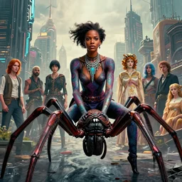 realistic detailed photorealistic portrait movie shot of a beautiful black woman riding a giant spider, dystopian city landscape background by denis villeneuve, amano, yves tanguy, alphonse mucha, ernst haeckel, jean delville, david lynch, edward robert hughes, roger dean, cyber necklace, rich moody colours, cyber patterns, wide angle