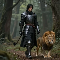 a knight dressed in black armor,walking his pet lion on a leash in a forest,dramatic,detailed face,digital art,art by greg rutkowski,Akihiko Yoshida,artstation,deviantart,photorealistic,highly detailed,calm,natural lighting,hyperdetailed