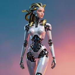 a robotic woman with snakes on her hair, vibrant lighting, elegant, highly detailed, smooth, sharp focus, illustration, beautiful, geometric, trending on artstation, full body, cinematic, artwork by borovikovsky