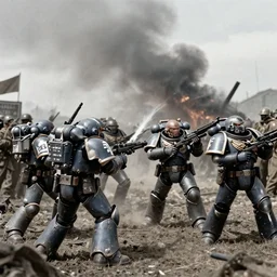 classic world war 2 photo of a warhammer 4 0 k space marine fighting alongside the allied forces, rosenthal, baltermants, kerlee, vaccaro