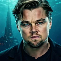 movie poster depicting andrew ryan, portrayed by leonardo dicaprio, in a new live - action bioshock movie, the underwater city of rapture is also present, highly detailed face
