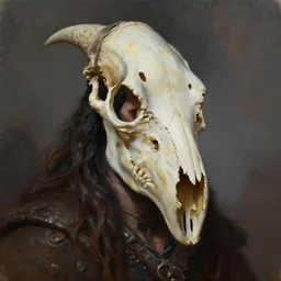 portrait painting of berserker with a dinosaur skull headdress, by jeremy mann, only one head single portrait