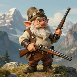 old dwarf with shotgun steampunk, mountains portrait