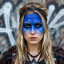 highly detailed closeup portrait of a sewer punk swedish female barbarian student, tartan garment, blonde hair with headband by atey ghailan, by greg rutkowski, by greg tocchini, by james gilleard, by joe fenton, by kaethe butcher, gradient sapphire, black, brown and white color scheme, grunge aesthetic!!! white graffiti tag wall background