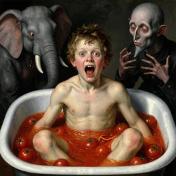 a boy like eraserhead and elephant man sitting in a tub full of tomato sauce, looking straight into camera, screaming in desperation, a forgotten ritual, by giuseppe arcimboldo and ambrosius benson, renaissance, fruit, intricate and intense oil paint, a touch of beksinski and hr giger and edward munch, realistic