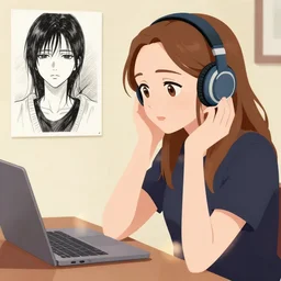 elizabeth olsen listening a music, a manga drawing by junji ito, trending on pixiv, pixiv, flat colors, flat shading