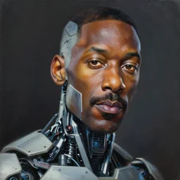 a beautiful painting cyberpunk robot eddie murphy face, by boris vallejo realistic oil painting