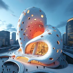 santiago calatrava and daniel simon design ; a beautiful hyperrealistic ultradetailed 3 d render of an hybrid nautilus and squid shaped museum in the city, by brian sum and stephen martiniere and antonio manzanedo. mech, unreal engine, octane render, pbr, 3 d, brilliantly colored, intricate, wide angle, volumetric lighting, polished, path tracing,