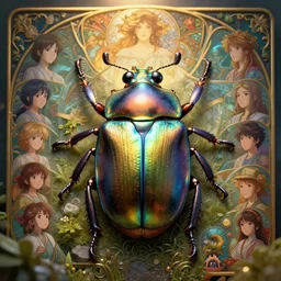 highly detailed macro portrait of a cute iridescent beetle, unreal engine, fantasy art by greg rutkowski, loish, rhads, ferdinand knab, makoto shinkai and lois van baarle, ilya kuvshinov, rossdraws, tom bagshaw, alphonse mucha, global illumination, radiant light, detailed and intricate environment