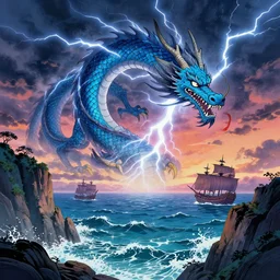 Poster art illustration of an Chinese lightning dragon in front of the sea during a storm by Cushart Krenz and Tomino Yoshiyuki, cliffs, clouds, dawn, thunder, pirate ships, 4k, HDR, colourful