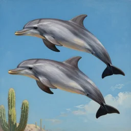 close up on a family of dolphins flying through the sky together science fiction painting, cactus below