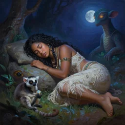 polynesian sleeping goddess, photorealistic dreamy lemurian night marvels, professional fantasy art painting