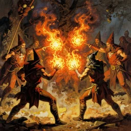 Pyrokinetic wizards sparring with fireballs. Frazetta. Norman Rockwell. Geoffroy Thoorens. Traditional art