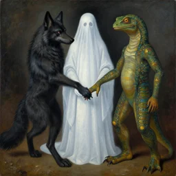phantom holding hands with a werewolf and a lizard man. painting by gertrude abercrombie, jan van eyck, max ernst, agnes pelton