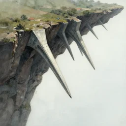 Flying buttresses hanging off the edge of a cliff, concept art by Doug Chiang