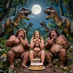 photo, three hairy fat neanderthal people, emma!! watson!!, eating outside, surrounded by dinosaurs!, mouth wide open, looking at camera, gigantic forest trees, sitting on rocks, bright moon, birthday cake on the ground, front view
