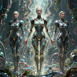 karol bak and tom bagshaw and krenz cushart symmetrical full body character portrait of the borg queen of sentient parasitic flowing ai, floating in a powerful zen state, supermodel, beautiful and ominous, wearing combination of mecha and bodysuit made of wires and fractal ceramic, machinery enveloping nature in the background, artstation scifi character digital concept, unreal engine