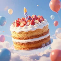 a giant floating cake and plenty of floating birthday balloons. digital art, highly - detailed, sharp focus, artstation cgsociety masterpiece