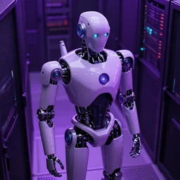 hyperrealistic medium shot robot cyborg in data center server by stanley kubrick highly detailed concept art eric zener william gibson cinematic hard purple lighting high angle hd 8 k sharp shallow depth of field
