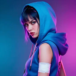 a 1 9 tomboy gorgeous cyberpunk goddess in hoodie with bandage on her arm, side portrait, vi, angry, striking, defiant, spotlight, vibrant colors, beautiful eyes, by marco paludet and gianni strino and marion bolognesi